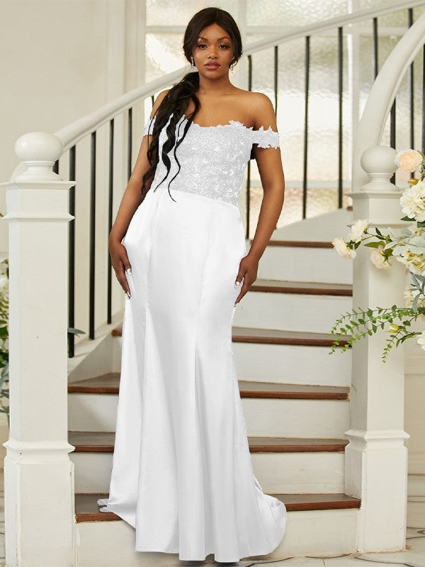 Sheath/Column Silk like Satin Applique Off-the-Shoulder Sleeveless Sweep/Brush Train Bridesmaid Dresses Evening Dress