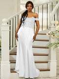 Sheath/Column Silk like Satin Applique Off-the-Shoulder Sleeveless Sweep/Brush Train Bridesmaid Dresses Evening Dress