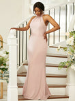 Sheath/Column Silk like Satin Ruched Halter Sleeveless Floor-Length Bridesmaid Dresses Evening Dress