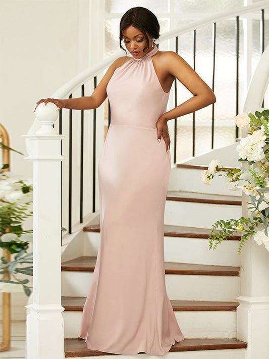Sheath/Column Silk like Satin Ruched Halter Sleeveless Floor-Length Bridesmaid Dresses Evening Dress
