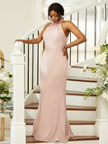 Sheath/Column Silk like Satin Ruched Halter Sleeveless Floor-Length Bridesmaid Dresses Evening Dress