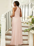 Sheath/Column Silk like Satin Ruched Halter Sleeveless Floor-Length Bridesmaid Dresses Evening Dress