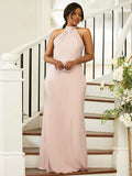 Sheath/Column Silk like Satin Ruched Halter Sleeveless Floor-Length Bridesmaid Dresses Evening Dress