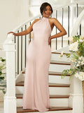Sheath/Column Silk like Satin Ruched Halter Sleeveless Floor-Length Bridesmaid Dresses Evening Dress