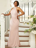 Sheath/Column Silk like Satin Ruched Halter Sleeveless Floor-Length Bridesmaid Dresses Evening Dress