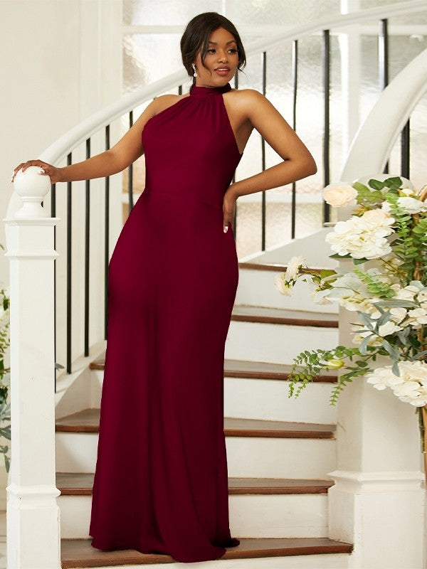 Sheath/Column Silk like Satin Ruched Halter Sleeveless Floor-Length Bridesmaid Dresses Evening Dress