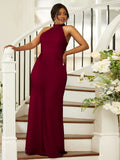 Sheath/Column Silk like Satin Ruched Halter Sleeveless Floor-Length Bridesmaid Dresses Evening Dress