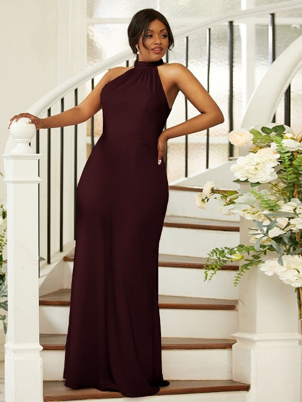 Sheath/Column Silk like Satin Ruched Halter Sleeveless Floor-Length Bridesmaid Dresses Evening Dress