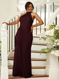 Sheath/Column Silk like Satin Ruched Halter Sleeveless Floor-Length Bridesmaid Dresses Evening Dress