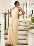 Sheath/Column Silk like Satin Ruched Halter Sleeveless Floor-Length Bridesmaid Dresses Evening Dress