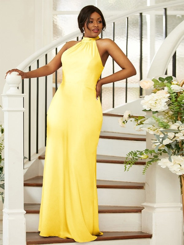 Sheath/Column Silk like Satin Ruched Halter Sleeveless Floor-Length Bridesmaid Dresses Evening Dress