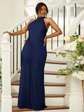Sheath/Column Silk like Satin Ruched Halter Sleeveless Floor-Length Bridesmaid Dresses Evening Dress