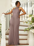 Sheath/Column Silk like Satin Ruched Halter Sleeveless Floor-Length Bridesmaid Dresses Evening Dress
