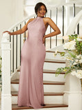 Sheath/Column Silk like Satin Ruched Halter Sleeveless Floor-Length Bridesmaid Dresses Evening Dress