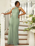 Sheath/Column Silk like Satin Ruched Halter Sleeveless Floor-Length Bridesmaid Dresses Evening Dress