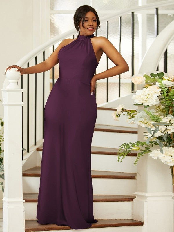 Sheath/Column Silk like Satin Ruched Halter Sleeveless Floor-Length Bridesmaid Dresses Evening Dress