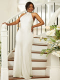 Sheath/Column Silk like Satin Ruched Halter Sleeveless Floor-Length Bridesmaid Dresses Evening Dress