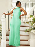 Sheath/Column Silk like Satin Ruched Halter Sleeveless Floor-Length Bridesmaid Dresses Evening Dress
