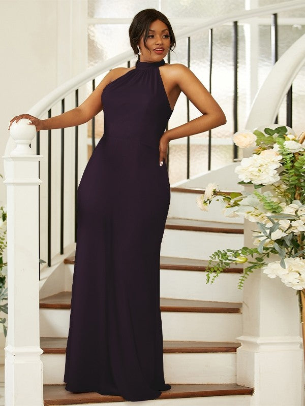 Sheath/Column Silk like Satin Ruched Halter Sleeveless Floor-Length Bridesmaid Dresses Evening Dress