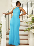 Sheath/Column Silk like Satin Ruched Halter Sleeveless Floor-Length Bridesmaid Dresses Evening Dress