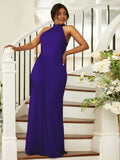 Sheath/Column Silk like Satin Ruched Halter Sleeveless Floor-Length Bridesmaid Dresses Evening Dress