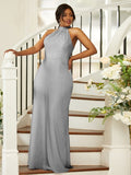 Sheath/Column Silk like Satin Ruched Halter Sleeveless Floor-Length Bridesmaid Dresses Evening Dress