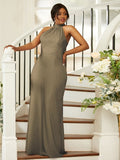 Sheath/Column Silk like Satin Ruched Halter Sleeveless Floor-Length Bridesmaid Dresses Evening Dress