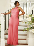 Sheath/Column Silk like Satin Ruched Halter Sleeveless Floor-Length Bridesmaid Dresses Evening Dress