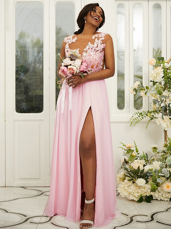 A-Line/Princess Chiffon Applique Scoop Sleeveless Floor-Length Bridesmaid Dresses Evening Prom Dress