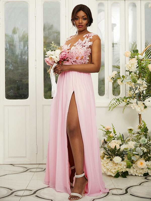 A-Line/Princess Chiffon Applique Scoop Sleeveless Floor-Length Bridesmaid Dresses Evening Prom Dress