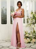A-Line/Princess Chiffon Applique Scoop Sleeveless Floor-Length Bridesmaid Dresses Evening Prom Dress
