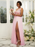 A-Line/Princess Chiffon Applique Scoop Sleeveless Floor-Length Bridesmaid Dresses Evening Prom Dress