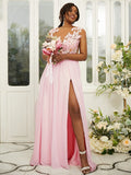 A-Line/Princess Chiffon Applique Scoop Sleeveless Floor-Length Bridesmaid Dresses Evening Prom Dress