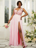 A-Line/Princess Chiffon Applique Scoop Sleeveless Floor-Length Bridesmaid Dresses Evening Prom Dress