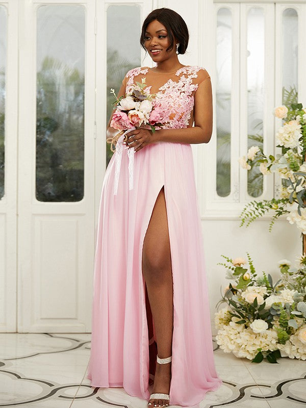 A-Line/Princess Chiffon Applique Scoop Sleeveless Floor-Length Bridesmaid Dresses Evening Prom Dress