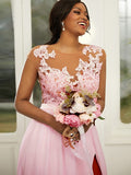 A-Line/Princess Chiffon Applique Scoop Sleeveless Floor-Length Bridesmaid Dresses Evening Prom Dress