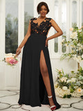 A-Line/Princess Chiffon Applique Scoop Sleeveless Floor-Length Bridesmaid Dresses Evening Prom Dress