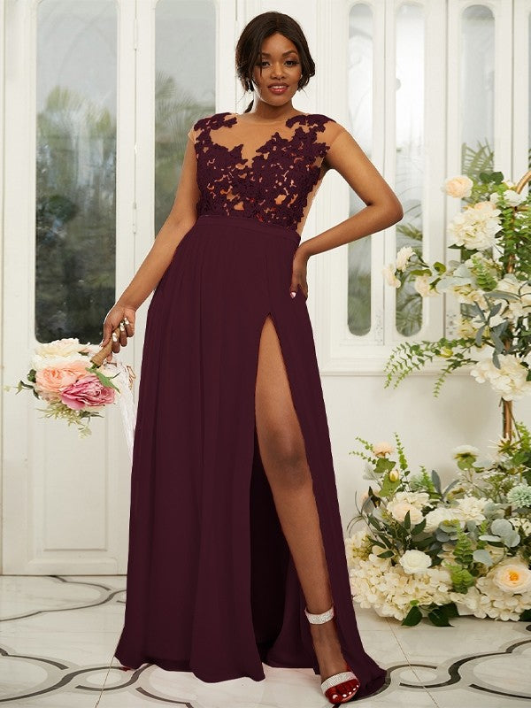 A-Line/Princess Chiffon Applique Scoop Sleeveless Floor-Length Bridesmaid Dresses Evening Prom Dress