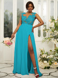 A-Line/Princess Chiffon Applique Scoop Sleeveless Floor-Length Bridesmaid Dresses Evening Prom Dress