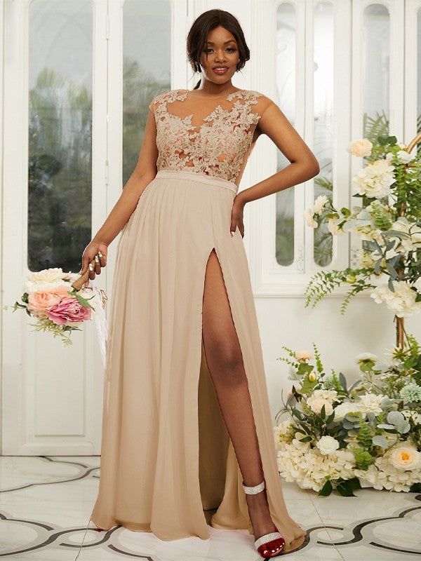 A-Line/Princess Chiffon Applique Scoop Sleeveless Floor-Length Bridesmaid Dresses Evening Prom Dress