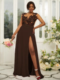 A-Line/Princess Chiffon Applique Scoop Sleeveless Floor-Length Bridesmaid Dresses Evening Prom Dress