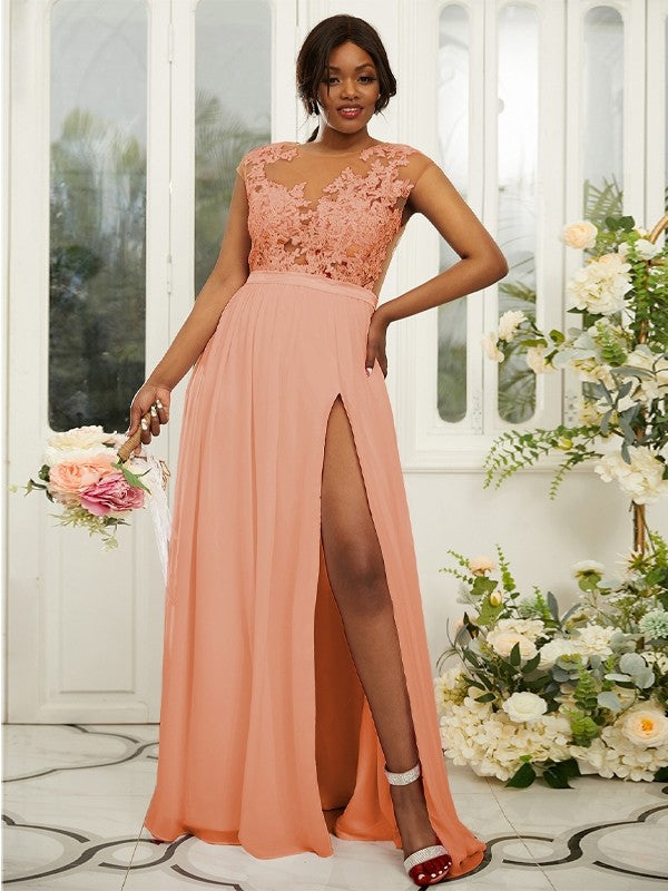 A-Line/Princess Chiffon Applique Scoop Sleeveless Floor-Length Bridesmaid Dresses Evening Prom Dress