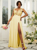 A-Line/Princess Chiffon Applique Scoop Sleeveless Floor-Length Bridesmaid Dresses Evening Prom Dress