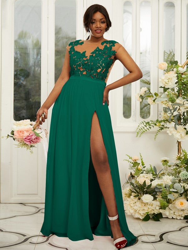 A-Line/Princess Chiffon Applique Scoop Sleeveless Floor-Length Bridesmaid Dresses Evening Prom Dress