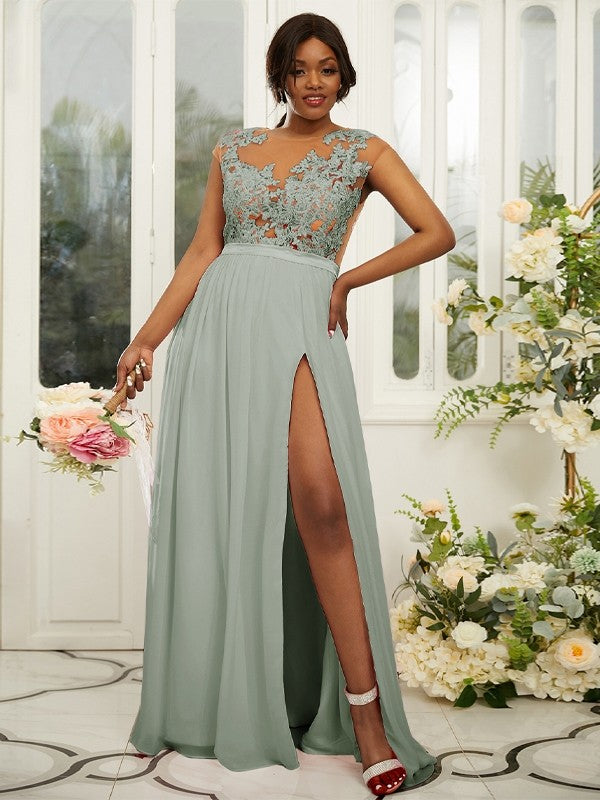 A-Line/Princess Chiffon Applique Scoop Sleeveless Floor-Length Bridesmaid Dresses Evening Prom Dress