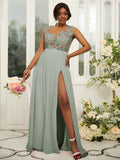 A-Line/Princess Chiffon Applique Scoop Sleeveless Floor-Length Bridesmaid Dresses Evening Prom Dress