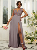 A-Line/Princess Chiffon Applique Scoop Sleeveless Floor-Length Bridesmaid Dresses Evening Prom Dress
