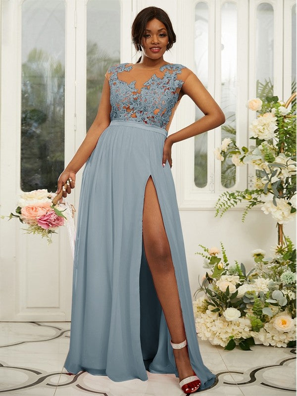 A-Line/Princess Chiffon Applique Scoop Sleeveless Floor-Length Bridesmaid Dresses Evening Prom Dress