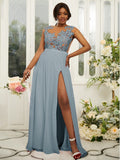 A-Line/Princess Chiffon Applique Scoop Sleeveless Floor-Length Bridesmaid Dresses Evening Prom Dress
