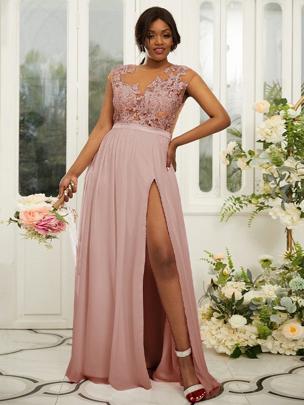 A-Line/Princess Chiffon Applique Scoop Sleeveless Floor-Length Bridesmaid Dresses Evening Prom Dress